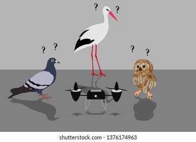 Funny set of post birds and drone. Vector illustration.