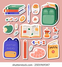 Funny set of stickers cartoon back to school clipart for planners, notebooks. Ready for print list of cute stickers. Hand drawn childish collection of schoolbag, textbook, globe, cute stationery