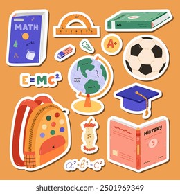 Funny set of stickers cartoon back to school clipart for planners, notebooks. Ready for print list of cute stickers. Hand drawn collection of schoolbag, textbook, globe, cute stationery, soccer ball.