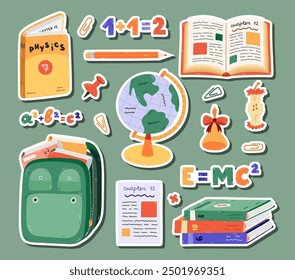 Funny set of stickers cartoon back to school clipart for planners, notebooks. Ready for print list of cute stickers. Hand drawn childish collection of schoolbag, textbook, globe, cute stationery