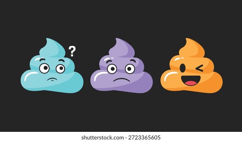 Conjunto divertido de tres emojis de caca de colores en azul, púrpura y naranja con expresiones de cara confusas, tristes y felices guiñando un ojo.