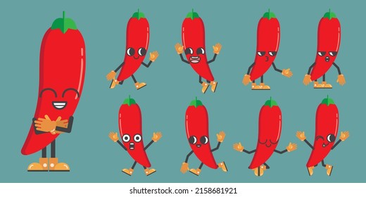 Funny set of vegetable in cartoon character in various gestures, red chili with different emotion in comic style for graphic designer, vector illustration