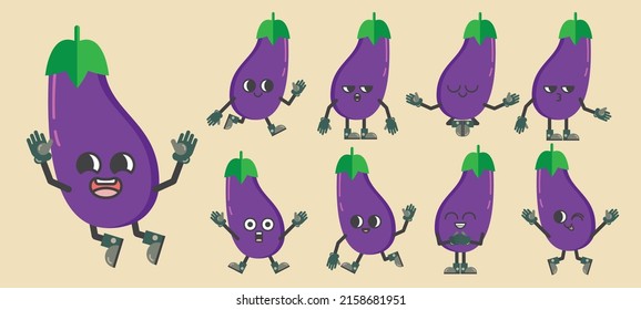 Funny set of vegetable in cartoon character in various gestures, eggplant with different emotion in comic style for graphic designer, vector illustration