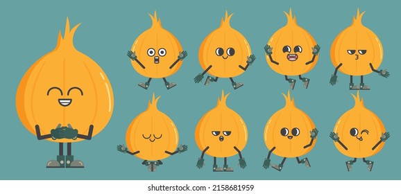 Funny set of vegetable in cartoon character in various gestures, onion with different emotion in comic style for graphic designer, vector illustration