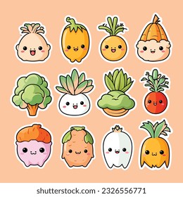  Divertido conjunto de caras vegetales en la caricatura kawaii estilo sticker, ilustración vectorial