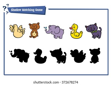 funny shadow animal game. Vector illustration of shadow matching game with happy cartoon animals for children