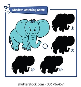 funny shadow elephant educational kids game. Vector illustration of shadow matching educational kids game with happy cartoon  elephant for children
