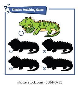 funny shadow iguana educational kids game. Vector illustration of shadow matching educational kids game with happy cartoon iguana for children