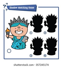 funny shadow Liberty game. Vector illustration of shadow matching game with happy cartoon Liberty for children