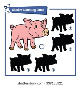 funny shadow pig game. Vector illustration of shadow matching game with happy cartoon  piggy for children