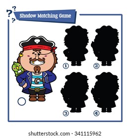 funny shadow pirate game. Vector illustration of shadow matching game with happy cartoon pirate for children