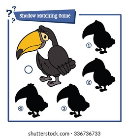 funny shadow toucan educational kids game. Vector illustration of shadow matching educational kids game with happy cartoon  toucan for children