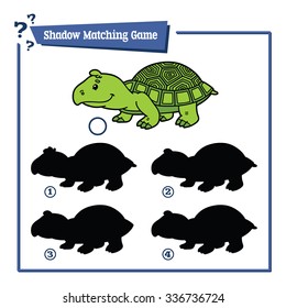 funny shadow turtle educational kids game. Vector illustration of shadow matching educational kids game with happy cartoon turtle  for children