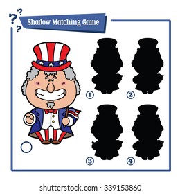 funny shadow  Uncle Sam game. Vector illustration of shadow matching game with happy cartoon Uncle Sam for children