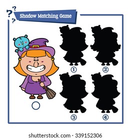 funny shadow Witch educational kids game. Vector illustration of shadow matching educational kids game with happy cartoon Witch  for children