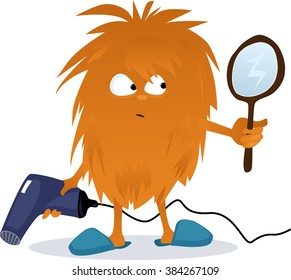 Funny shaggy cartoon creature holding a hair dryer and looking in a mirror, EPS 8 vector illustration, no transparencies