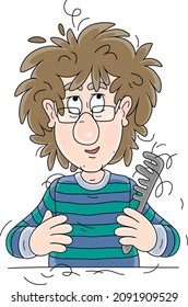 Funny shaggy man trying to comb his disheveled hair and making an original modern hairstyle, vector cartoon illustration isolated on a white background