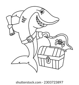 Graciosa ilustración vectorial de personajes de dibujos animados de tiburones. Para los niños coloreando el libro.