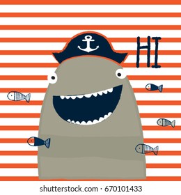 funny shark cartoon on striped background, pirate shark vector illustration, T-shirt graphics for kids 