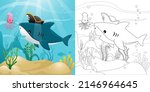 Funny shark cartoon wearing pirate hat with squid undersea, coloring book or page