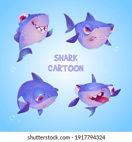 Funny shark character with different emotions. Vector set of cute cartoon mascot, predator fish smiling, angry, sad and crazy. Creative emoji set with underwater sea animal