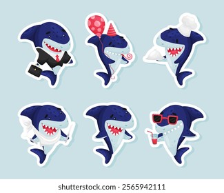 Funny Shark Character Engaged in Different Activity Sticker Vector Set