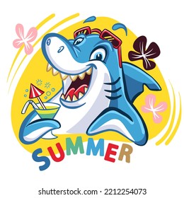 Funny shark with coctail and sunglasses. Lettering summer. Cute vector illustration with summer beach holidays mood. For print, design, posters, cards, stickers, decor, apparel and party