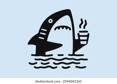 Funny shark with coffee cup, simple line art vector