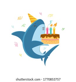 Funny Shark in Festive Hat Blowing Candles on Birthday Cake Isolated on White Background. T-shirt Print, Cute Underwater Predator Animal Character for Baby Shower Card. Cartoon Vector Illustration