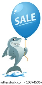 Funny shark holding balloon with sale sign. Cartoon styled vector illustration. Elements is grouped. 