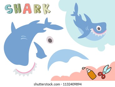 Funny Shark Paper Model. Small home craft project, applique paper game. Cut out and glue. Cutouts for children. Vector template.