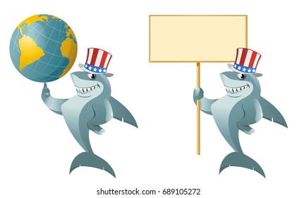 Funny shark in the patriotic hat holding a globe and a blank banner. Cartoon styled vector illustration. Elements is grouped.  No transparent objects. Isolated on white.