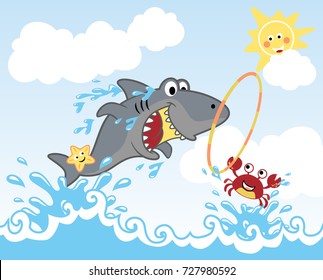 funny shark playing jump ring in the sea with crab and starfish, smiling sun behind clouds, vector cartoon illustration
