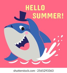 Funny shark print. Children clothes printable sticker with cartoon underwater animal. Summer season poster, ocean sea predator, nowaday vector design