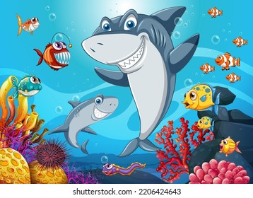 Funny shark with sea animals in the ocean illustration