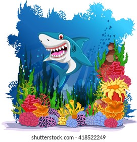 funny shark with sea life background