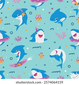 Funny shark seamless pattern. Cartoon positive emotional sharks activities. Cute underwater ocean animals print for fabric, nowaday vector background