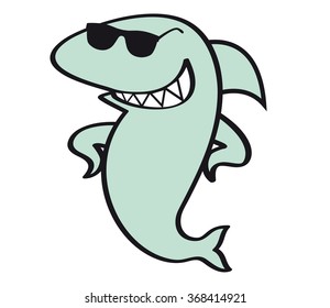 Funny shark with sunglasses. Fearsome marine predator may be too cool. Funny vector illustration. Cartoon Character Shark. White background with a shark