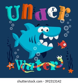 Funny shark with typo. Print design idea for jersey fabrics. Vector slogan and Typography design.