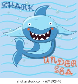 Funny shark with typo. Print design idea for jersey fabrics. Vector slogan and Typography design.