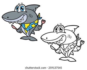 funny shark. Vector illustration coloring page of happy cartoon shark for children and scrap book