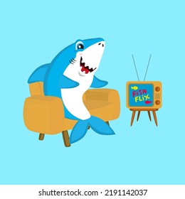 funny shark watching television. good for children's book illustrations, posters, stickers, games, printing, t-shirts and more