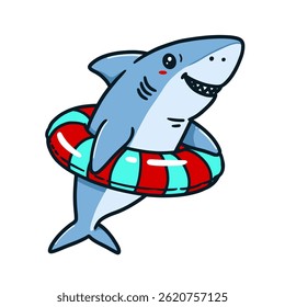 funny shark wearing an inflatable swimming ring, vector illustration, mascot sticker