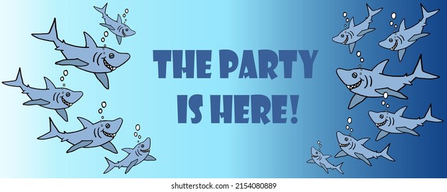 Funny sharks have fun in the underwater world. Cartoon illustration suitable for invitation card.