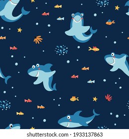 Funny sharks seamless pattern on a blue background in a vector. Repeated texture with cartoon characters. Perfect for textile fabric clothing wallpaper.