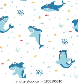 Funny sharks seamless pattern on a white background in a vector. Repeated texture with cartoon characters. Perfect for textile wrapping paper, stationery and others