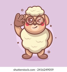 funny sheep animal character mascot with ok sign hand gesture isolated cartoon 