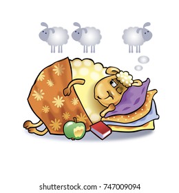 Funny sheep asleep and dreaming on the pillows
