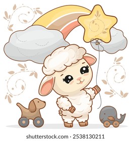 Funny sheep with a balloon in the form of a star under the rainbow. Decorative scarf for a nursery. Vector illustration in a flat style. For posters, banners, cards and packages