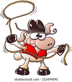 Funny sheep with bulging eyes, wearing elegant hat and red waistcoat as a cowboy while preparing to rope in a rodeo event